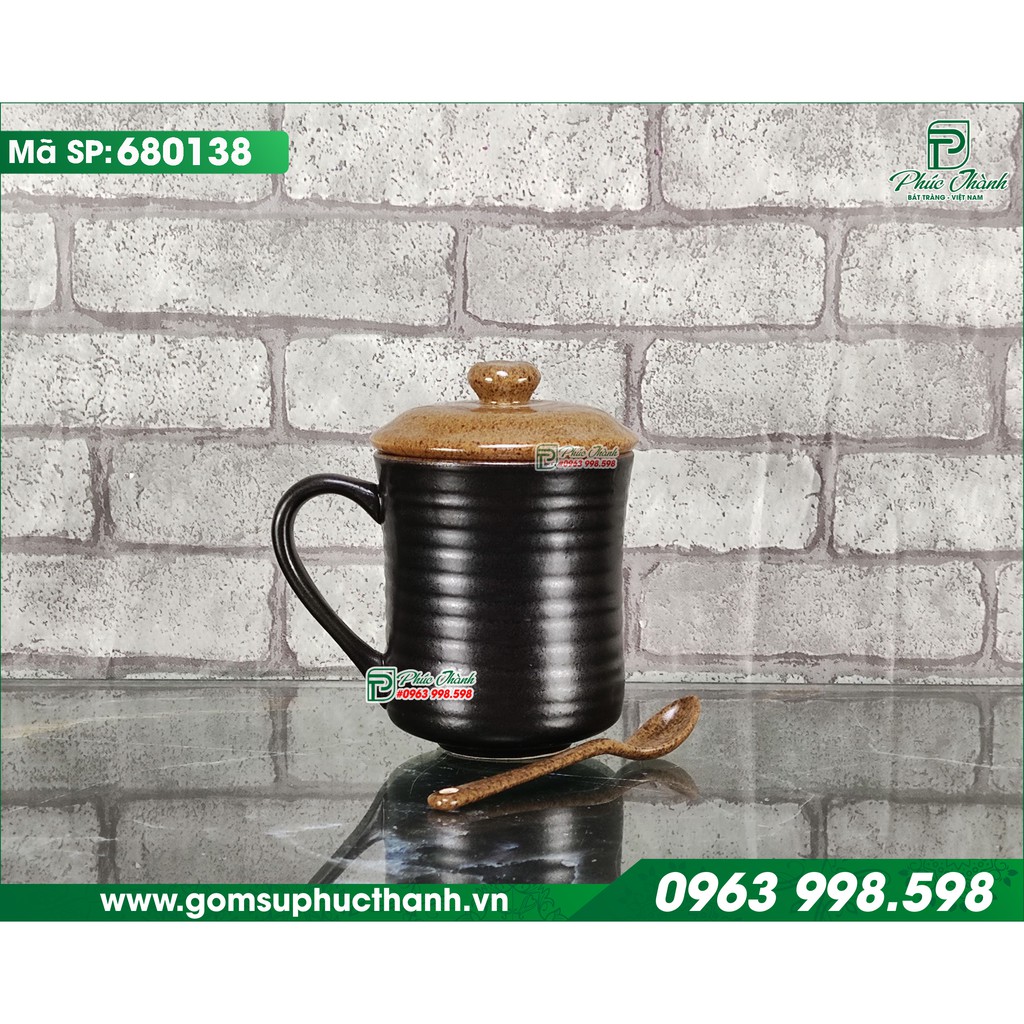 Cốc sứ cafe có nắp dáng Eo men gốm Bát Tràng