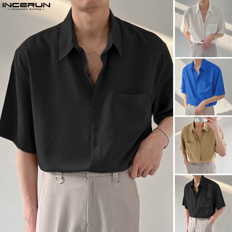 Áo sơ mi INCERUN ngắn tay màu sắc đơn giản dành cho nam