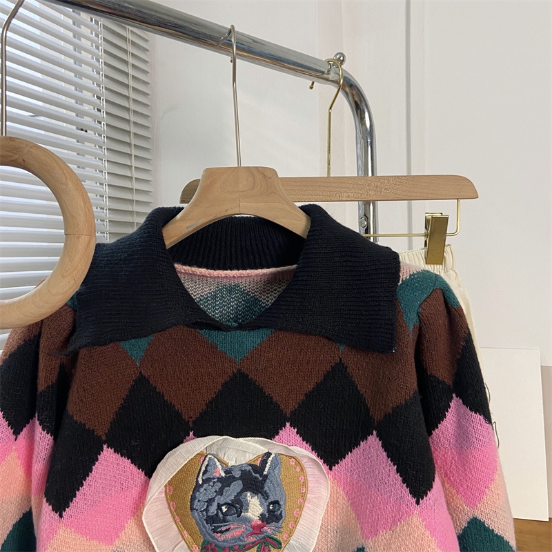 Áo sweater Dệt Kim Dày Chui Đầu Tay Phồng Thêu Họa Tiết Sọc Và Ngọc Lam Thời Trang Mùa Thu Cho Nữ