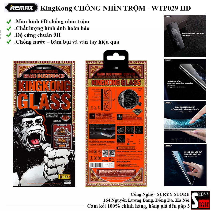 Kính cường lực KingKong WTP029 HD, Phủ Nano Chống bám bụi và mồ hôi vân tay cho iphone 7/8plus/11pro/11promax/12mini