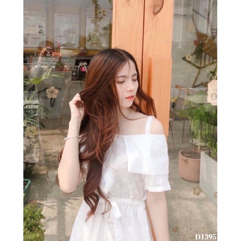 Đầm bẹt vai hoa cúc trắng/ váy nữ dáng xoè chất mát