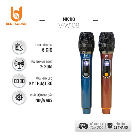 [Mã ELHACE giảm 4% đơn 300K] Micro Không Dây Karaoke V-W108, Mẫu Mới, Chuyên Dùng Cho Ampli, Loa Kéo, Hát Nhẹ