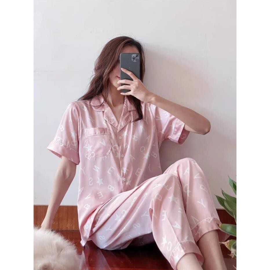 Bộ ngủ lụa Pijama hoạ tiết chữ cái hàng cao cấp
