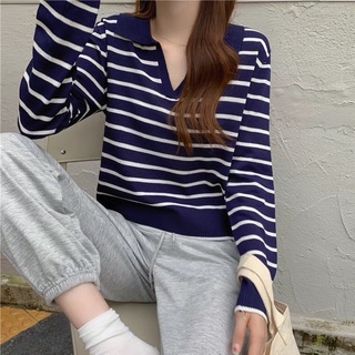 Áo len dệt kim dài tay kẻ sọc ngang cổ V dành cho nữ