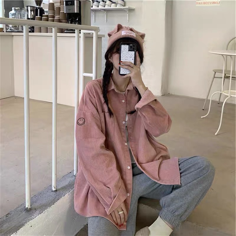 Áo sơ mi nhung tăm nam nữ thêu hình mặt cười form rộng phong cách Hàn Quốc SIB093