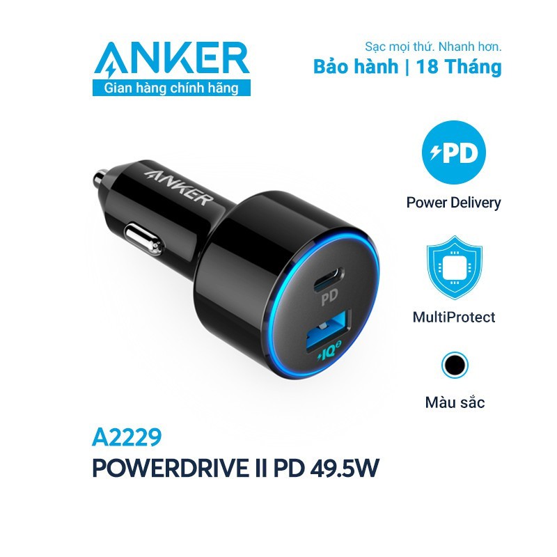 Tẩu sạc Anker 2 cổng 49.5W Powerdrive II Power Delivery - A2229 Bảo hành chính hãng Anker 18 tháng