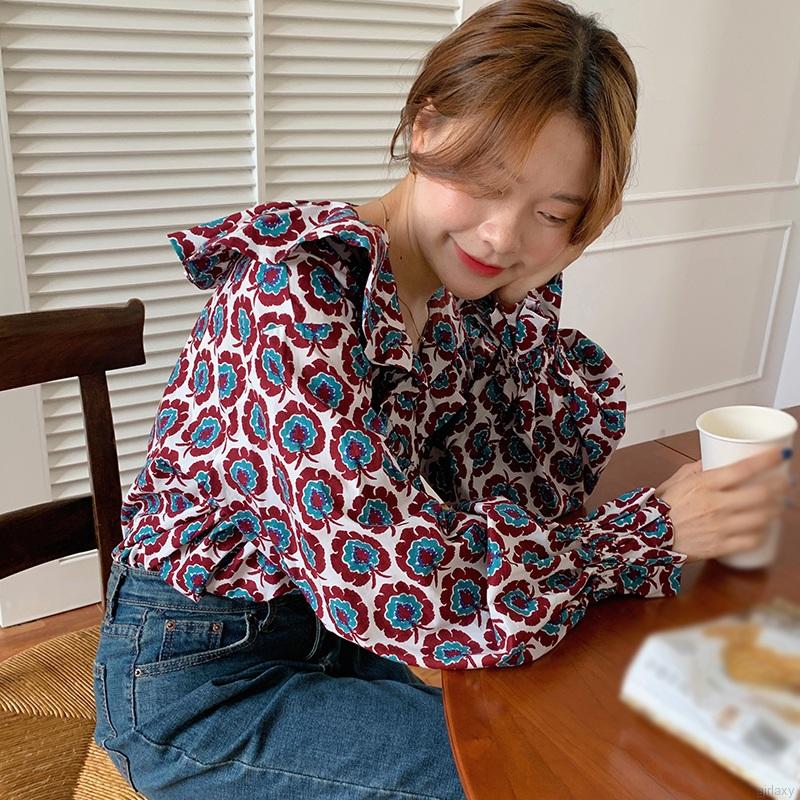 Áo Sơ Mi Tay Dài Chất Chiffon Hoạ Tiết Hoa Phong Cách Hàn Quốc