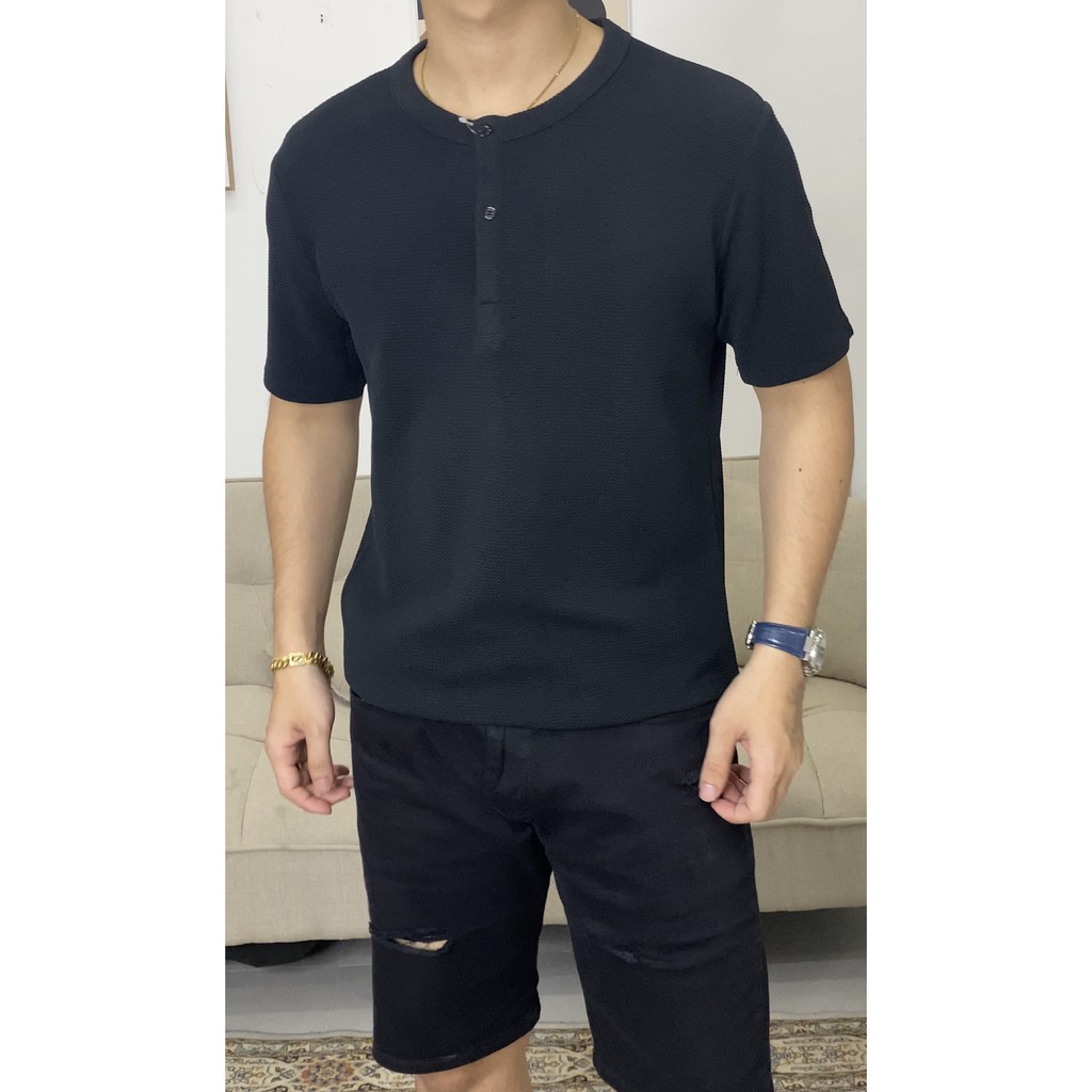 ÁO THUN NAM CỔ TÀU COTTON TỔ ONG 4 MÀU AT3T01- HENLAY 3CUC