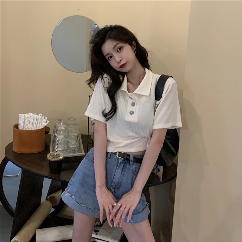 Áo sơ mi croptop Xiaozhainv đính nút phong cách Hàn Quốc thời trang xinh xắn cho nữ