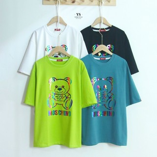 Áo Thun Tay Lỡ Ulzzang Unisex, Áo Thun Phản Quang Gấu Mochino ATPQ13, Chất Thun Cotton Co Dãn 4 Chiều Nam Nữ Ysshop