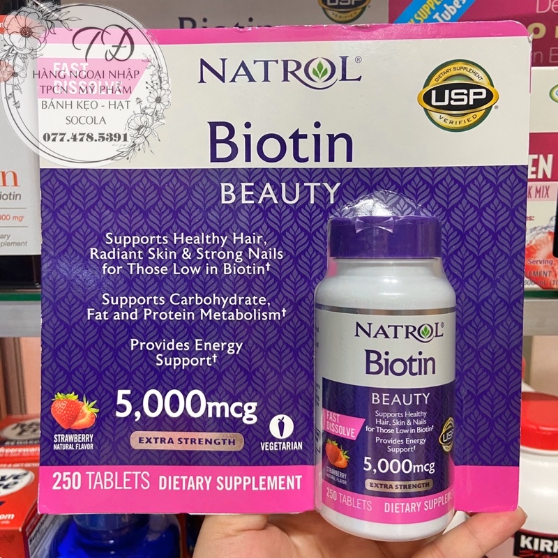DATE MỚI 2023 TPCN Viên ngậm đẹp tóc, móng, da Natrol Biotin Beauty 5000mcg của Mỹ 250v