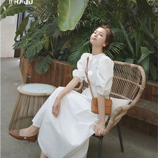 Đầm maxi trắng tay phồng bo eo tay phồng