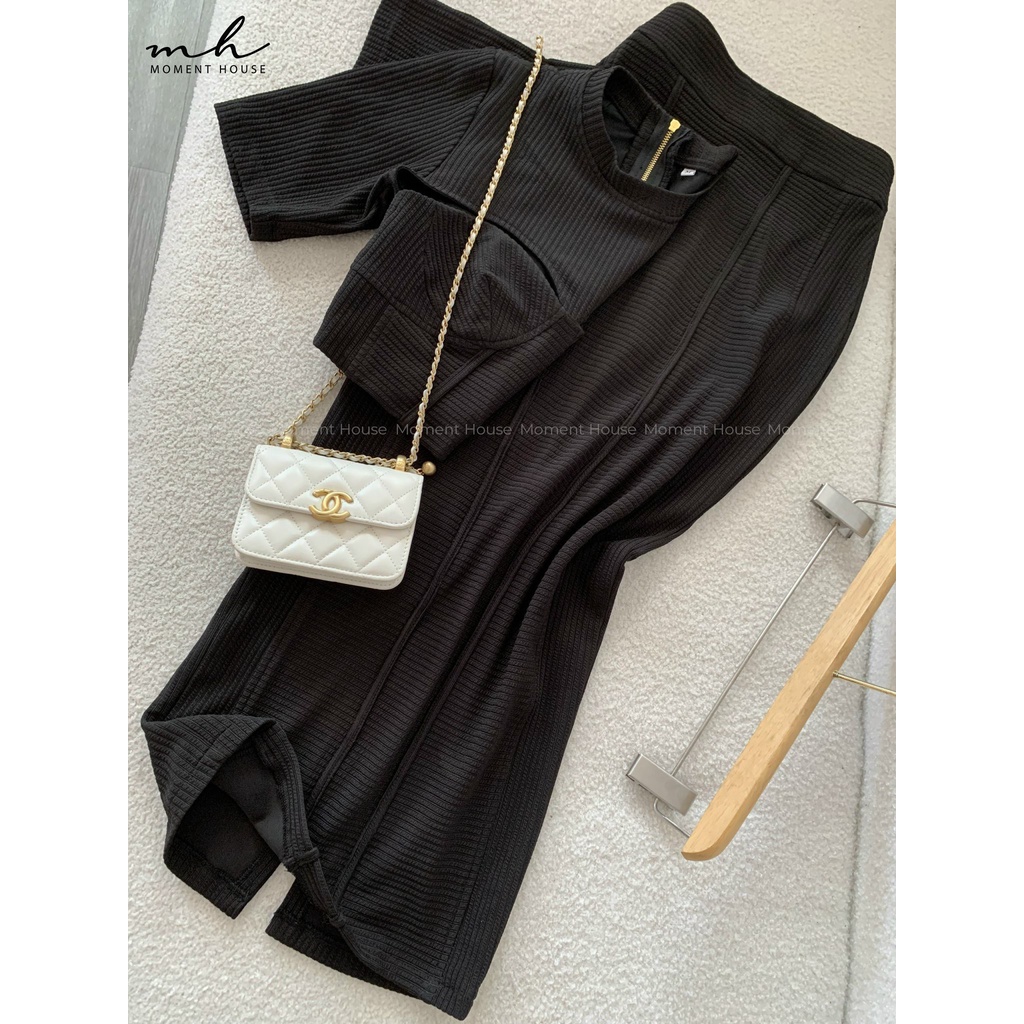 Set áo croptop cutout ngực + chân váy dài, vải thun gân dày dặn, size SM, SET DEMI