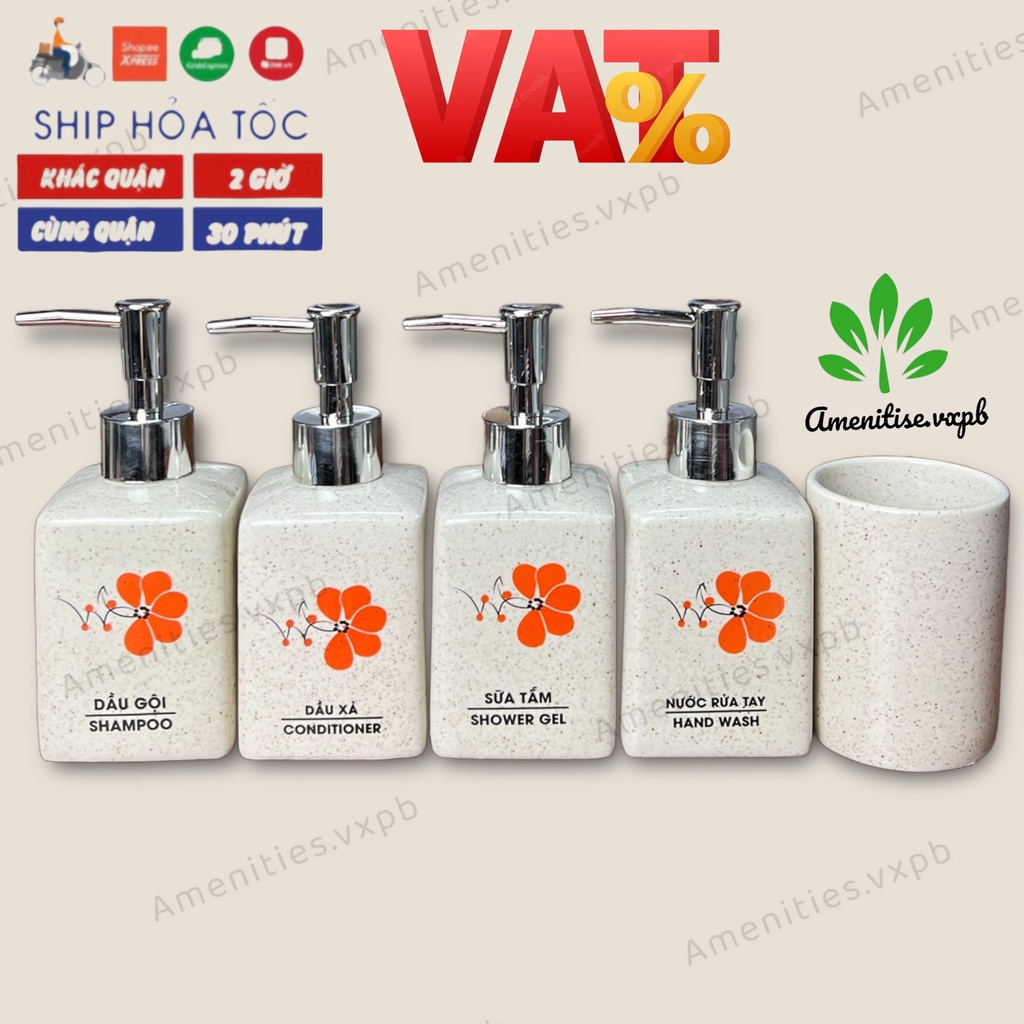 HỎA TỐC - Bình gốm sứ dáng vuông hoa cam vân cát đựng sữa tắm, dầu gội, dầu xả, rửa tay, cốc đánh răng cho nhà tắm,...