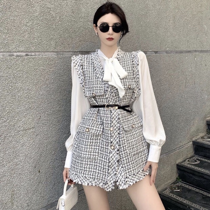 SET ÁO VEST GILE DẠ TWEED VÀ ÁO SƠ MI CỔ BUỘC NƠ KẺ SỌC