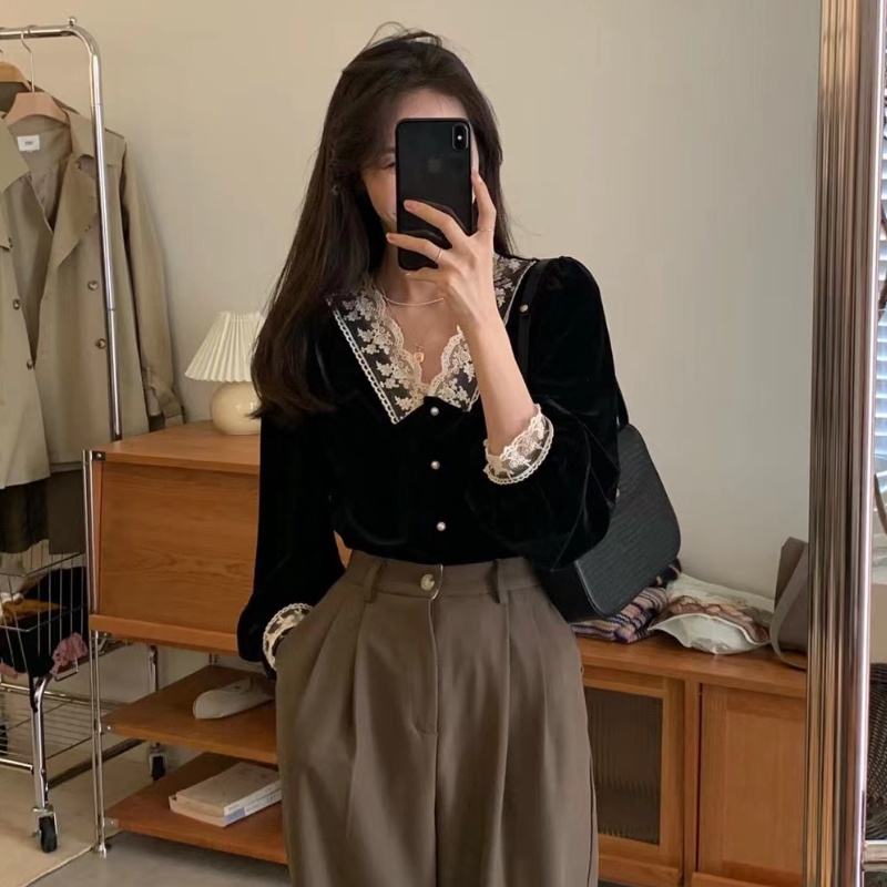 Áo sơ mi nhung tay dài phối ren thời trang thanh lịch dành cho nữ