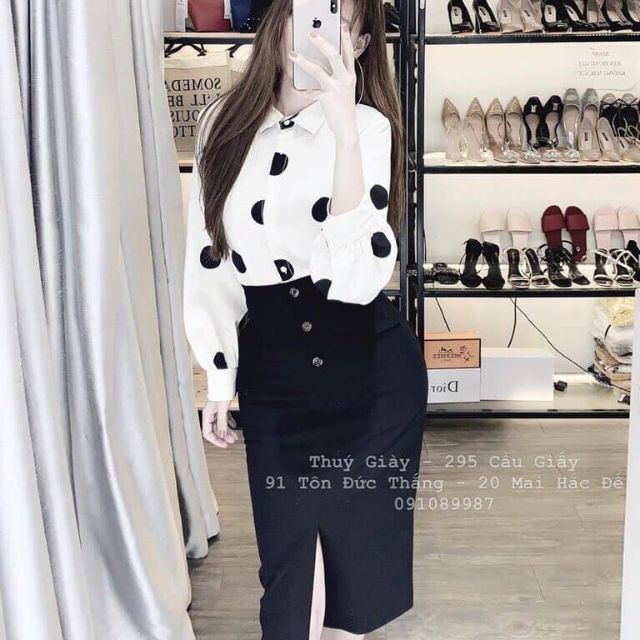 Sét áo chấm bi tay dài + chân váy ôm phối nút xinh xắn