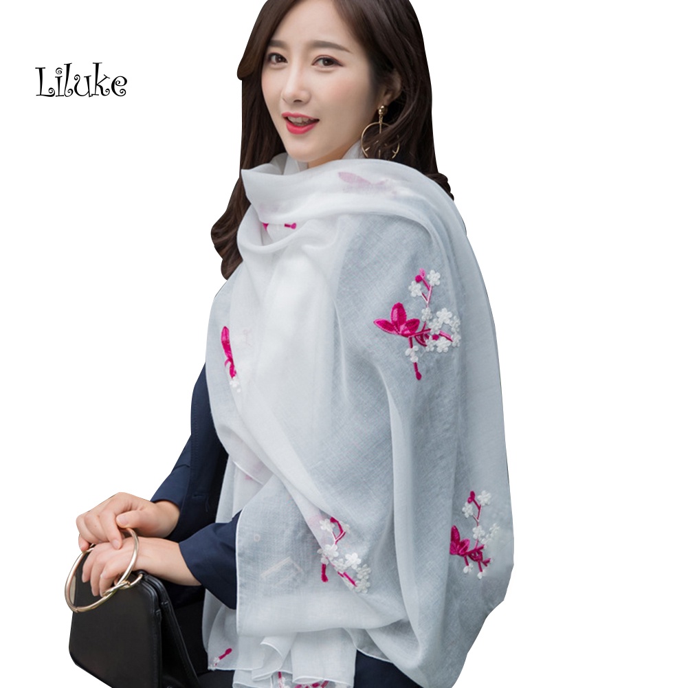 Khăn Choàng Cotton Linen Mềm Thêu Hoa Xinh Xắn Cho Nữ