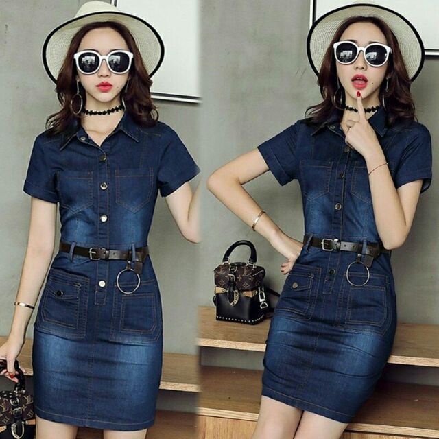 Đầm jean body phối cổ sơ mi