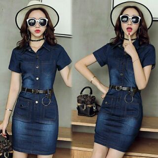 Đầm jean body phối cổ sơ mi