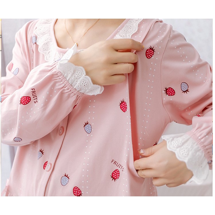 Bộ bầu - sau sinh mặc nhà - cho con bú - 2 chức năng - chất liệu cotton ( Qủa dâu chấm sọc - Dài )