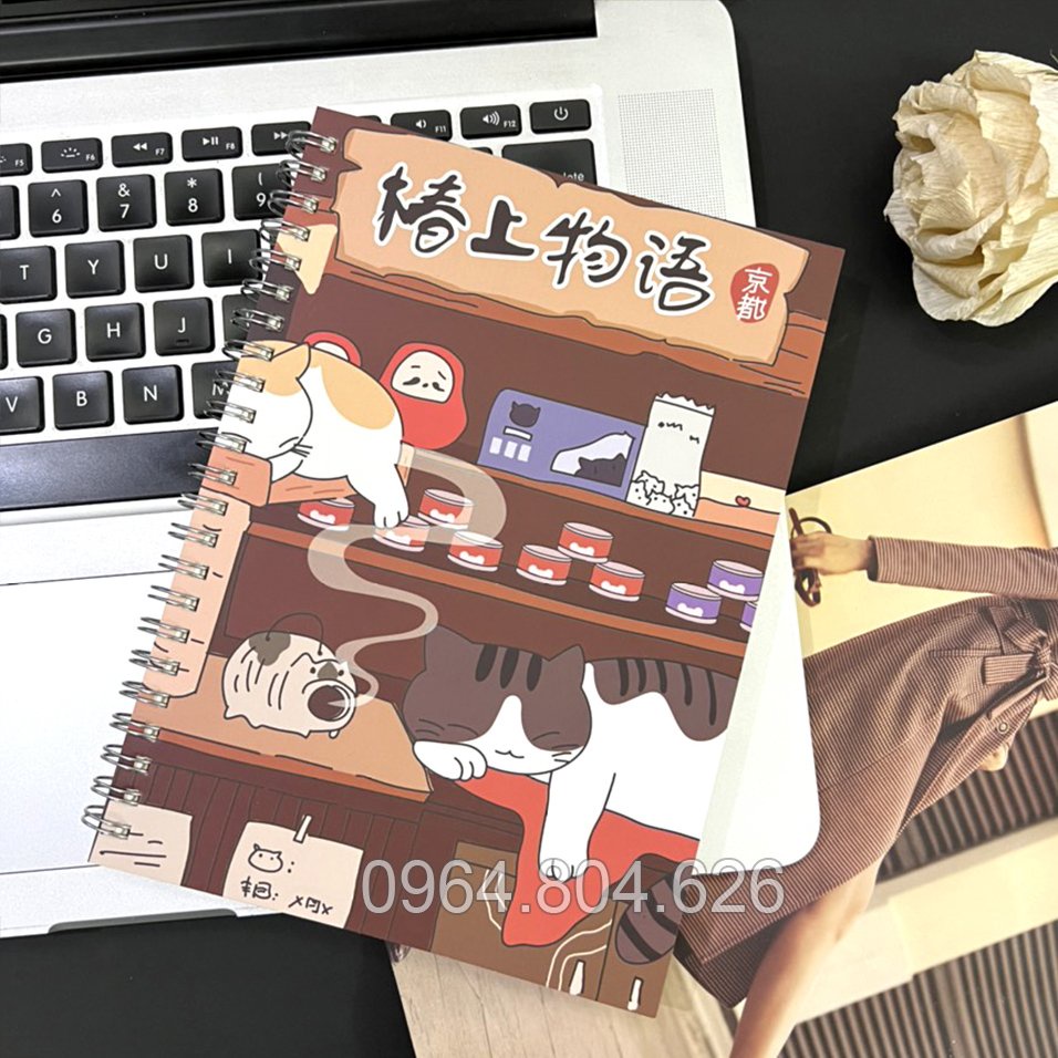Sổ tay lò xo a5 giấy kẻ ngang mèo may mắn Nhật Bản cute dễ thương