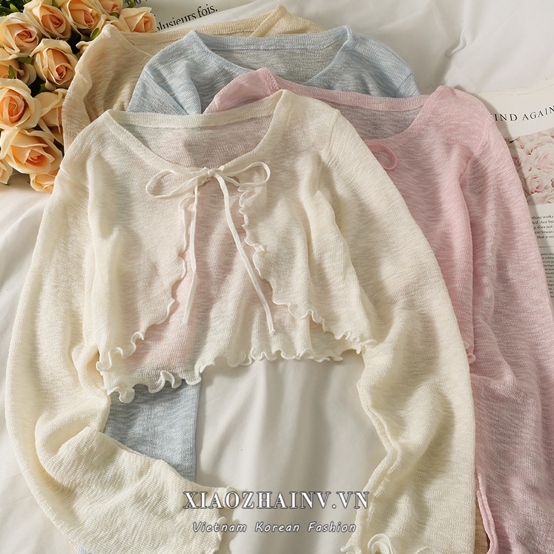 Áo khoác cardigan XIAOZHAINV dệt kim mỏng tay dài thắt nơ kiểu Pháp 6 màu lựa chọn cho nữ
