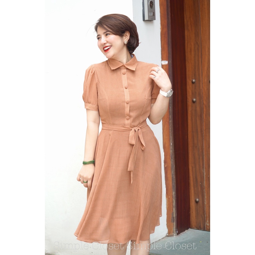 Váy Liền Thân Cổ Sơ Mi 𝐒𝐈𝐌𝐏𝐋𝐄 Buộc Nơ Eo Kẻ Caro Cam
