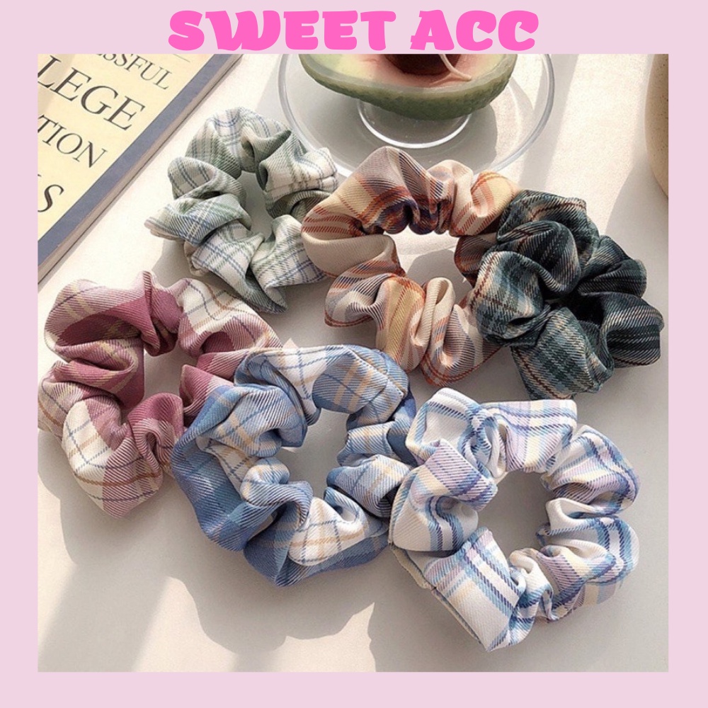 Dây Buộc Tóc Scrunchies Caro Dễ Thương Basic Phong Cách Hàn Quốc Cho Nữ