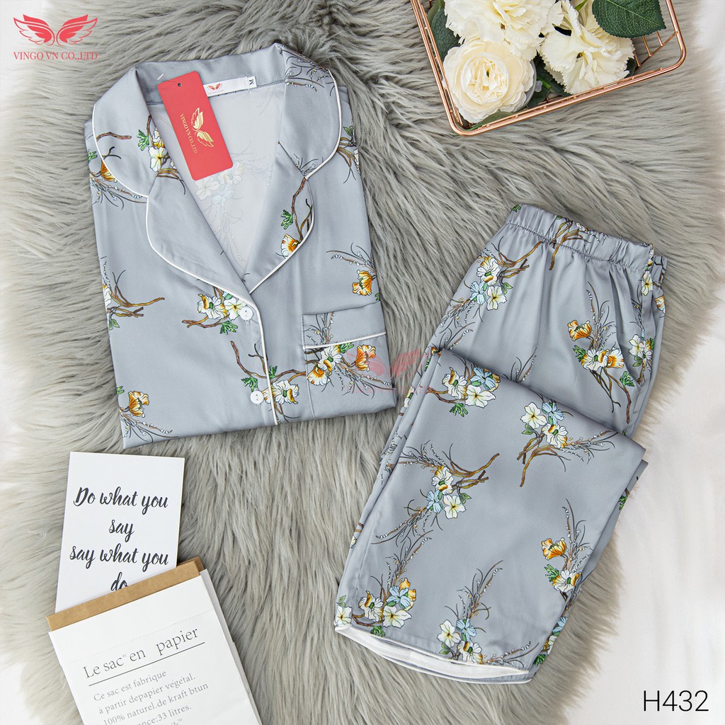 Bộ Pyjama Mặc Nhà Nữ VINGO Lụa Pháp Cao Cấp Tay Cộc Quần Lửng Họa Tiết Cành Hoa Tinh Tế Thanh Lịch H432 VNGO - TCQL | BigBuy360 - bigbuy360.vn