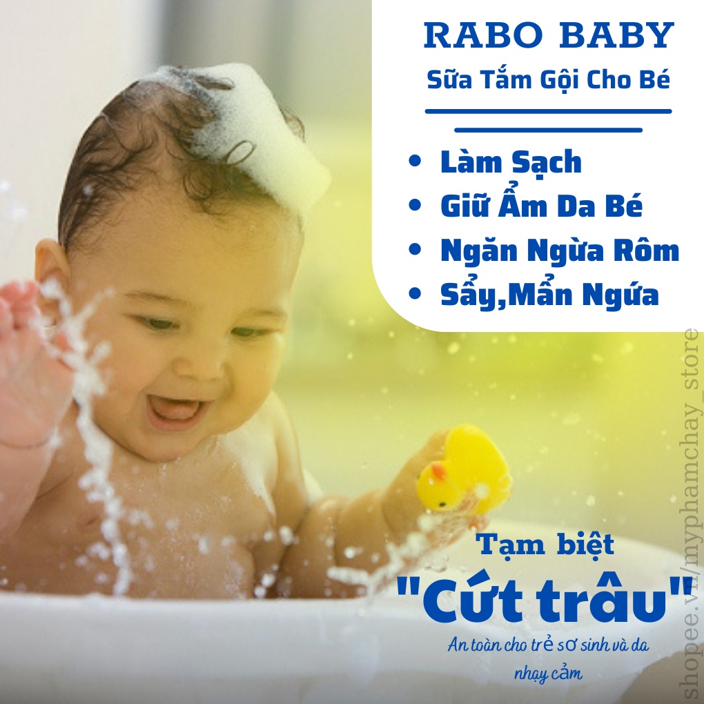 Sữa Tắm Gội Cho Bé Rabo Baby QUYÊN LARA Giúp Làm Sạch Dịu Nhẹ,Loại Bỏ Rôm Sảy,Mẩn Ngứa 200ml, Hàng Chính Hãng