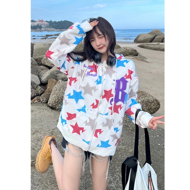 Áo khoác hoodie ZHELIHANGFEI tay dài dáng rộng in họa tiết xinh xắn dễ phối đồ