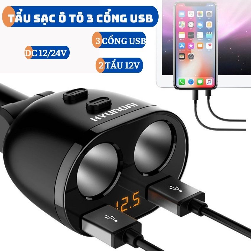 Tẩu Sạc Ô Tô 3 Cổng Usb 2Cổng Tẩu 12v 3.1A Sử Dụng Đa Năng Cho Ô Tô Xe Hơi HY16