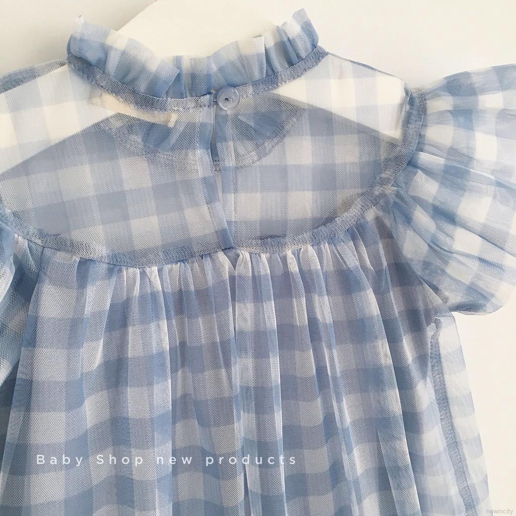 Đầm bé gái tay ngắn phối lưới phong cách Hàn Quốc