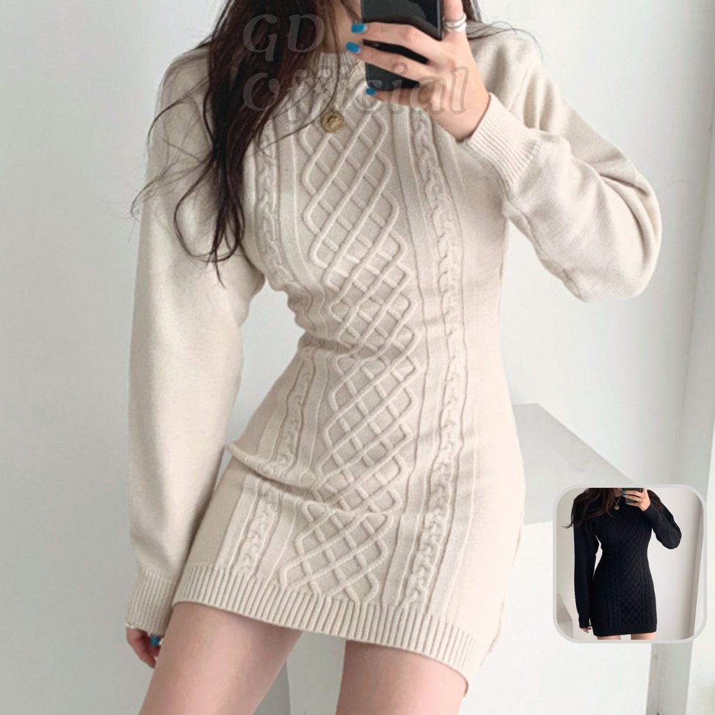 L62|Đầm len nữ cổ tròn dệt kim dài tay ôm body họa tiết vặn thừng dày dặn hở lưng màu be, đen GD Official