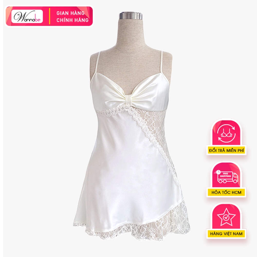 Đầm ngủ phi lụa cao cấp Wannabe DNS29 phối ren sườn nữ tính nhẹ nhàng