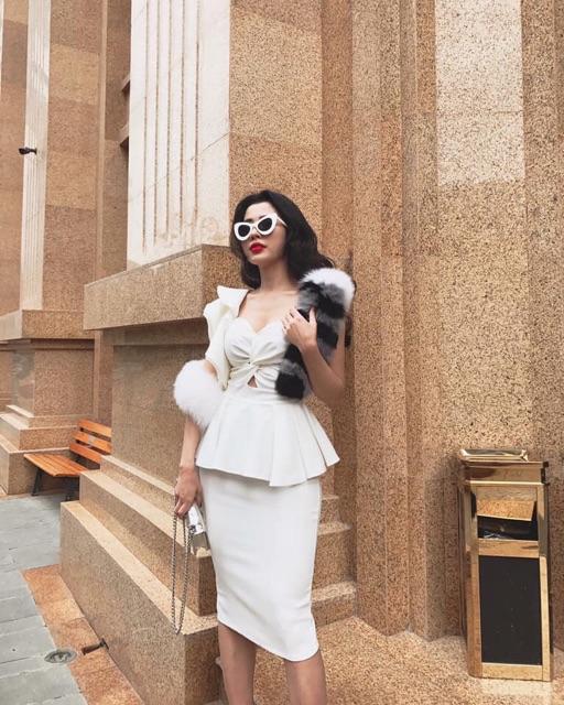 Set áo pelum lệch vai + chân váy