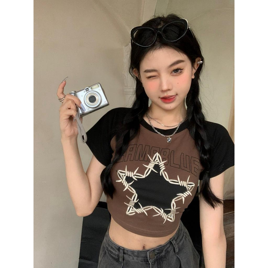 Áo Thun Ngắn Tay Thêu Chữ / Ngôi Sao Nhiều Màu Sắc Phong Cách Vintage Cho Nữ