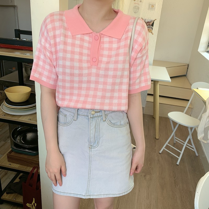 Áo thun POLO ngắn tay dáng rộng họa tiết sọc caro phong cách Hàn Quốc thời trang mùa hè | BigBuy360 - bigbuy360.vn