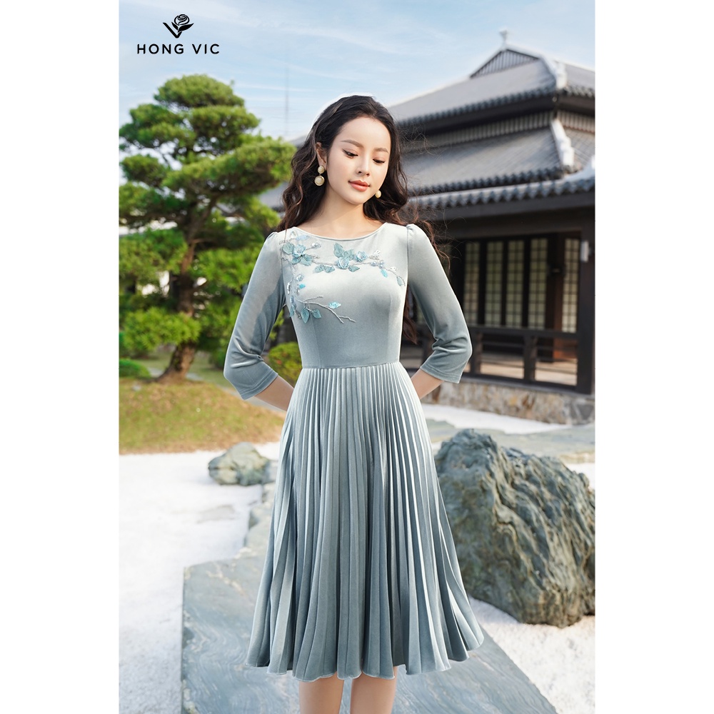 Đầm nhung nữ thiết kế Hongvic xanh dập ly DL355