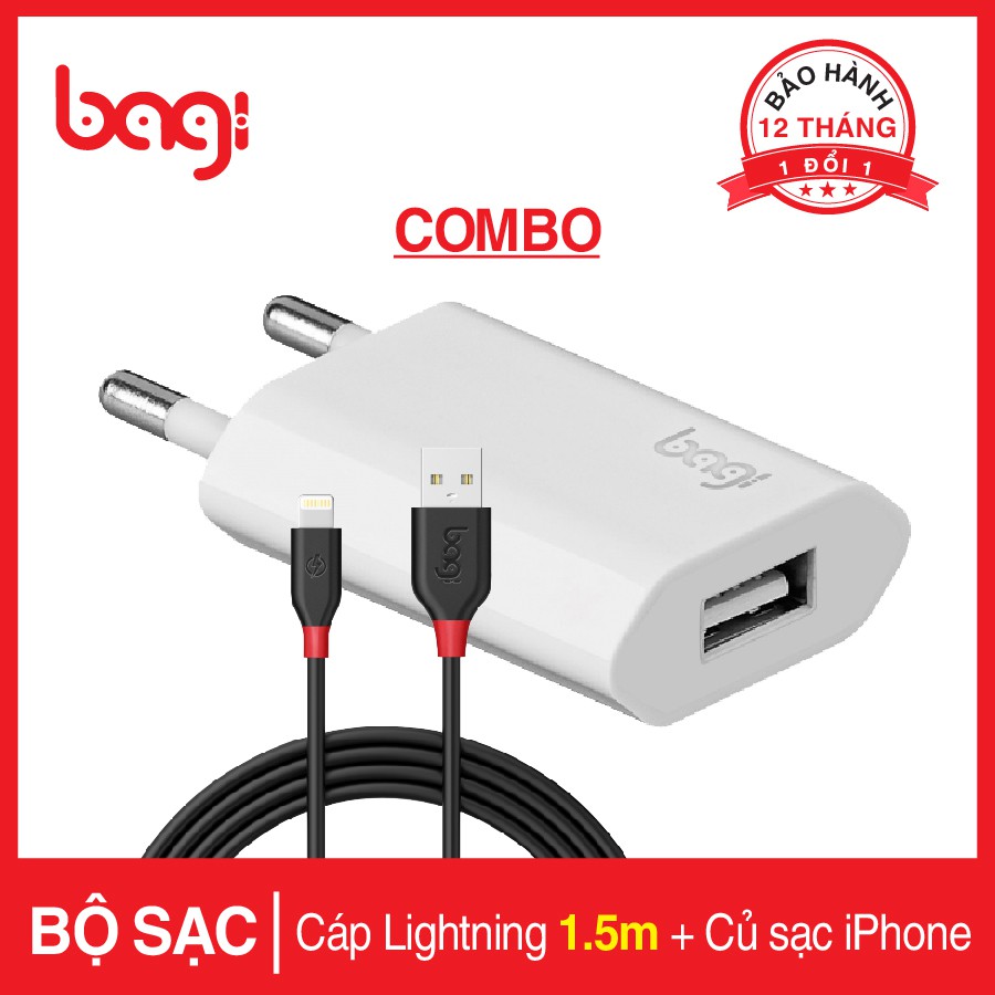 [BAGI] COMBO CỦ VÀ CÁP SẠC IPHONE 11/X/8/7/6/5 BAGI - BH 12 THÁNG