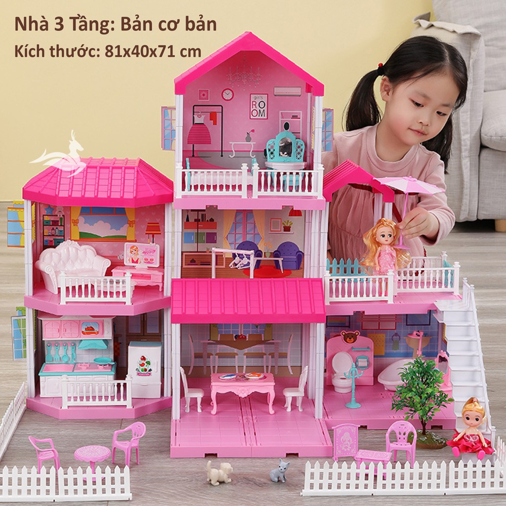 Mô hình nhà búp bê cỡ lớn cho bé - Tặng kèm Barbie. Biệt Thự 3 tầng