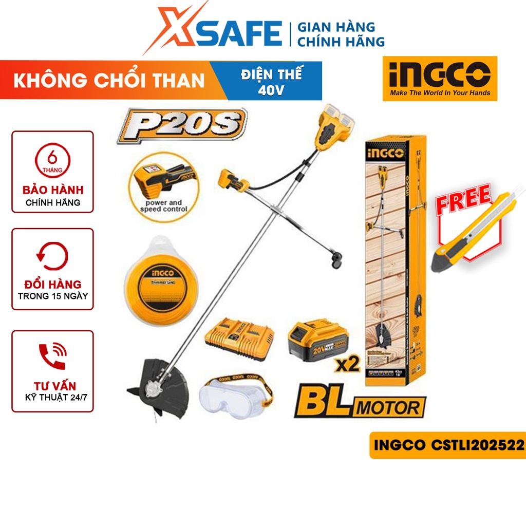 Máy cắt cỏ dùng pin INGCO CSTLI202522 mô tơ không chổi than, điện thế 40V, kèm 2 pin 4.0Ah, 1 sạc đôi nhanh - chính hãng