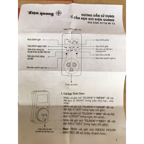 Ổ cắm hẹn giờ điện tử  cao cấp Điện Quang, có pin dự phòng ĐQ ESK DT10W13