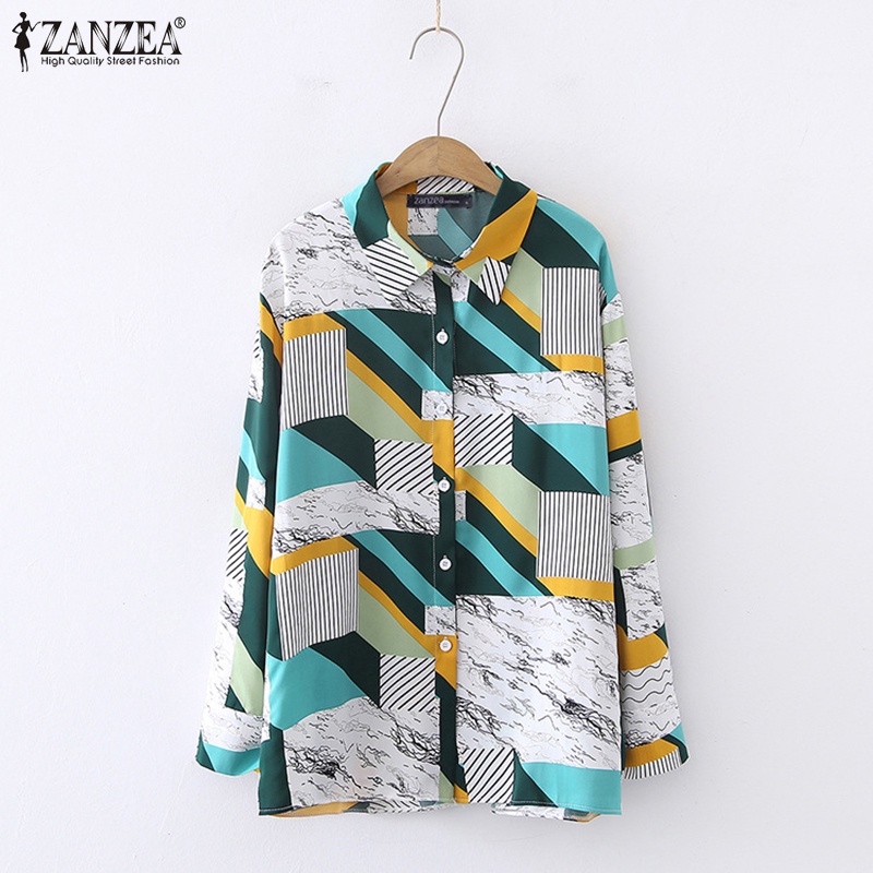 Zanzea Áo Sơ Mi Tay Dài Cổ Bẻ In Họa Tiết Hình Học Màu Tương Phản Thời Trang Cho Nữ
