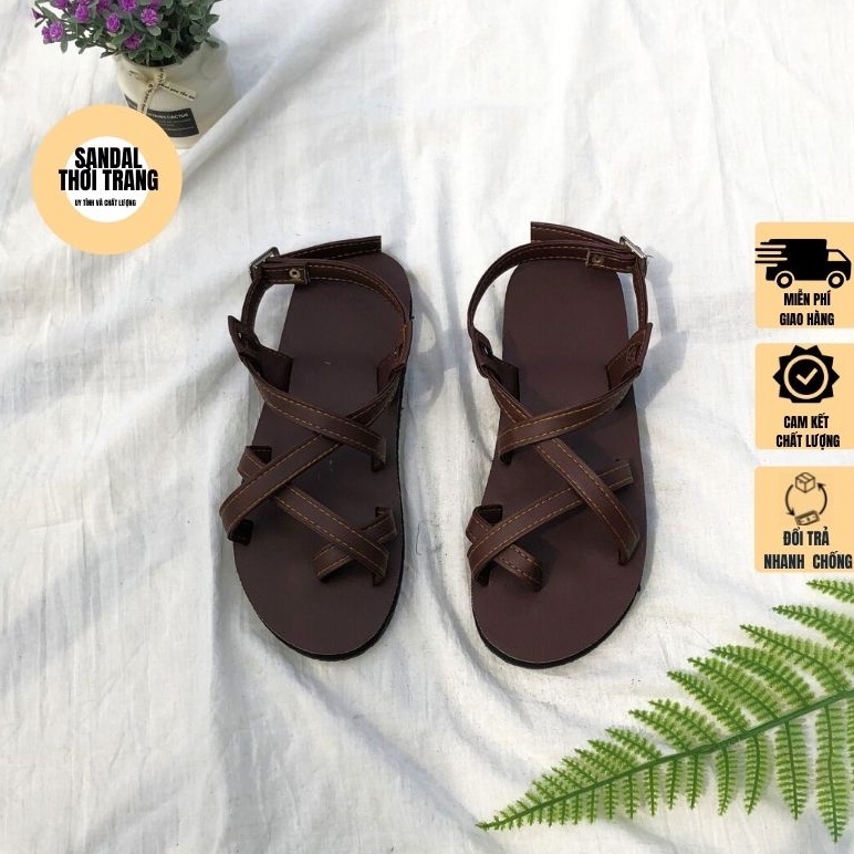 Giày sandal xỏ ngón quai chéo A101 nâu đen, đi học, đi chơi, Da Pu SANDALTHOITRANG