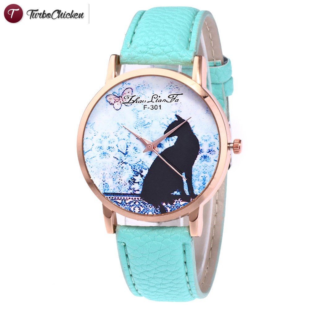 #Đồng hồ đeo tay# Couple Quartz Watches Women Casual Watches with Round Dial Faux Leather Strap Cartoon Cat Printed