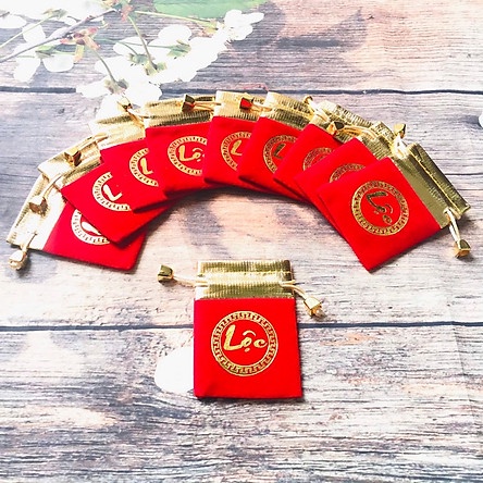 Túi gấm đỏ lì xì cách điệu chữ PHÚC LỘC may mắn Túi gấm dây rút nhỏ đựng trang sức ...