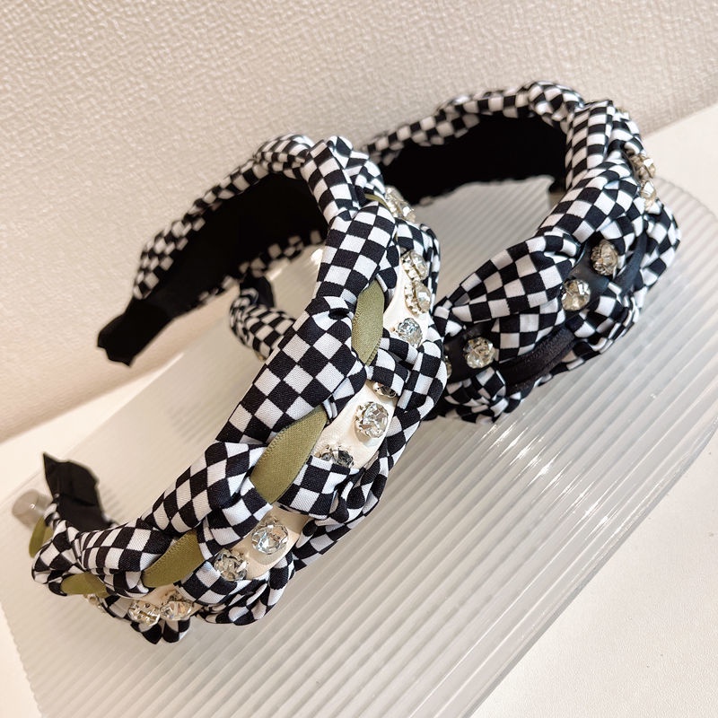 Băng Đô Cài Tóc Vải Họa Tiết Caro Màu Xanh Đen Phong Cách Hàn Quốc