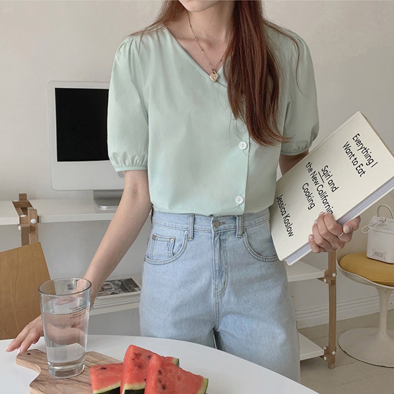 Áo Sơ Mi Tay Ngắn Cổ Chữ V Màu Trơn Dễ Thương Dành Cho Bạn Nữ 34772
